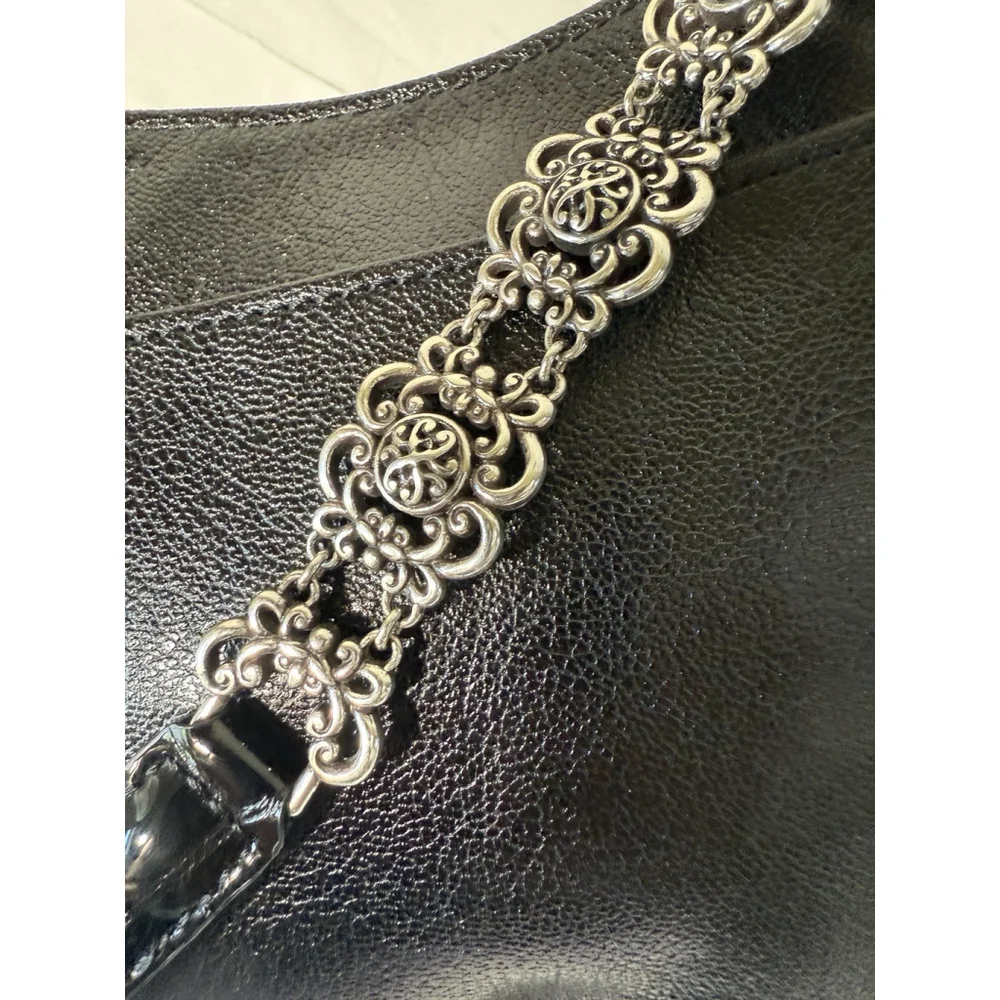 Brighton Rosalie Black Leather Pochettee Handbag Flower baguette